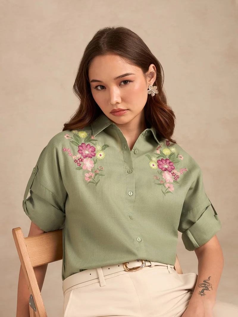 OUTZIDR Green Floral Embroidered Shirt With Drop Shoulder